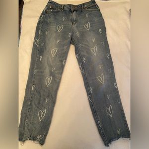 denim blue, white heart print pants
